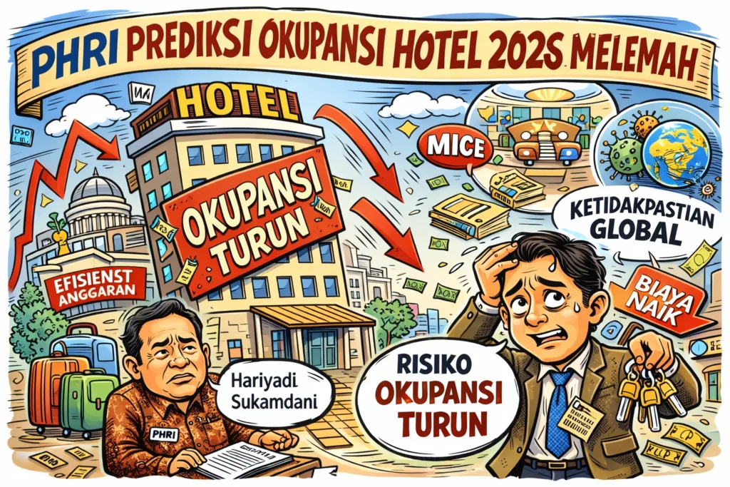 Karikatur prediksi okupansi hotel menurun di tahun 2026 (Foto: Generated AI)